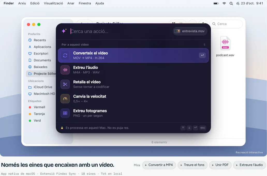 Demo d’AnyAction: una finestra del Finder amb el menú del clic dret i el tauler d’eines obert.