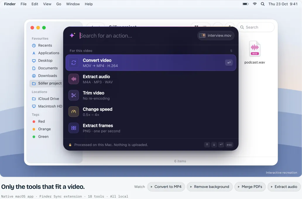 AnyAction demo: a Finder window with the right-click menu and the tools panel open.