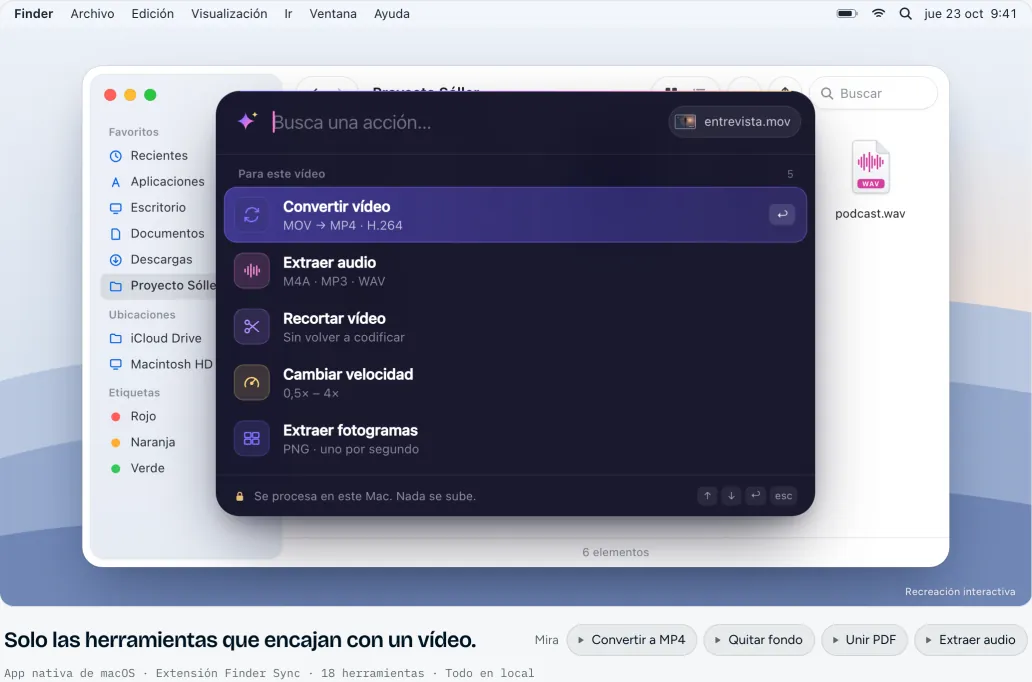Demo de AnyAction: una ventana del Finder con el menú del clic derecho y el panel de herramientas abierto.
