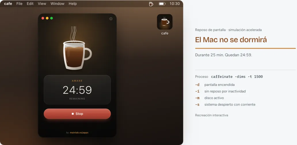 Demo de Cafe: la ventana de Cafe con los controles de horas y minutos, y la taza en la barra de menús.