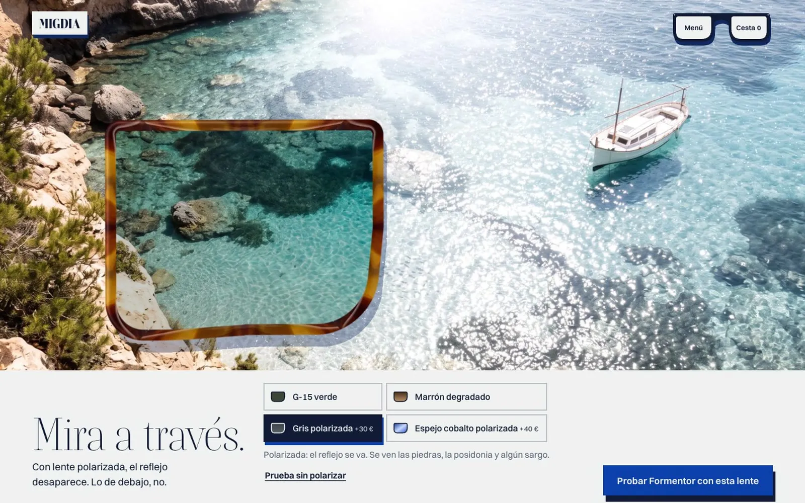 MIGDIA home page: tortoiseshell sunglasses on a block of sandstone, against a cobalt-blue wall.