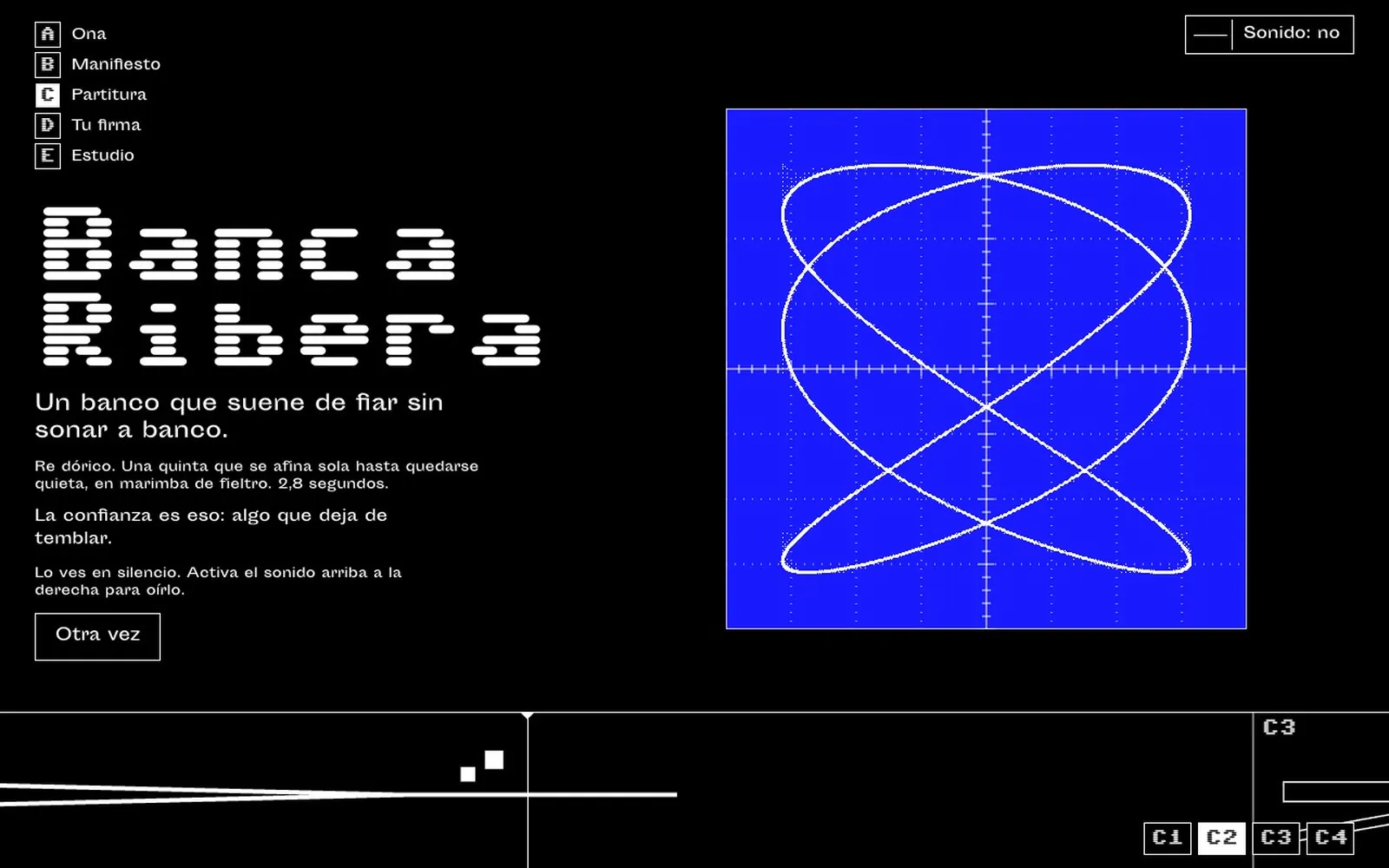 ONA home page: the word ONA in pixel letters made of horizontal lines.
